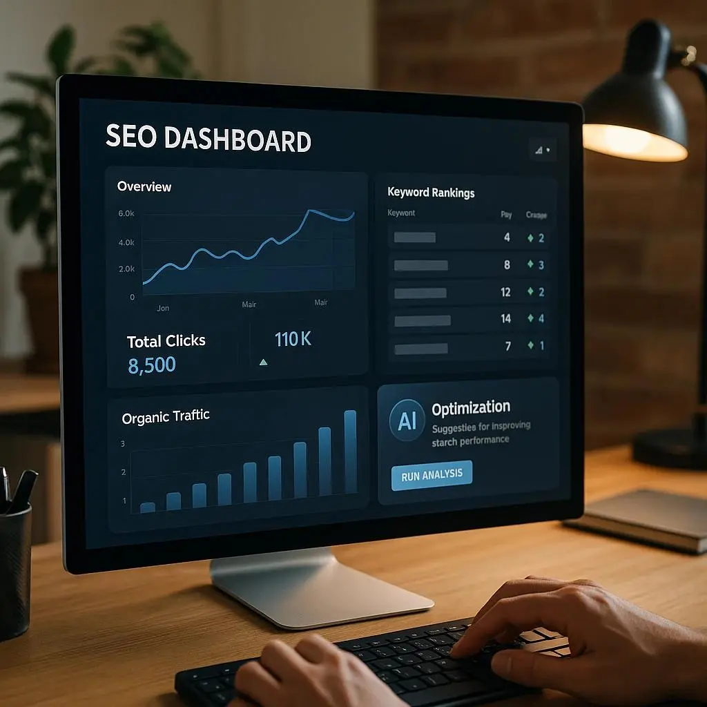 AI SEO tools dashboard showing keyword analysis and traffic insights
